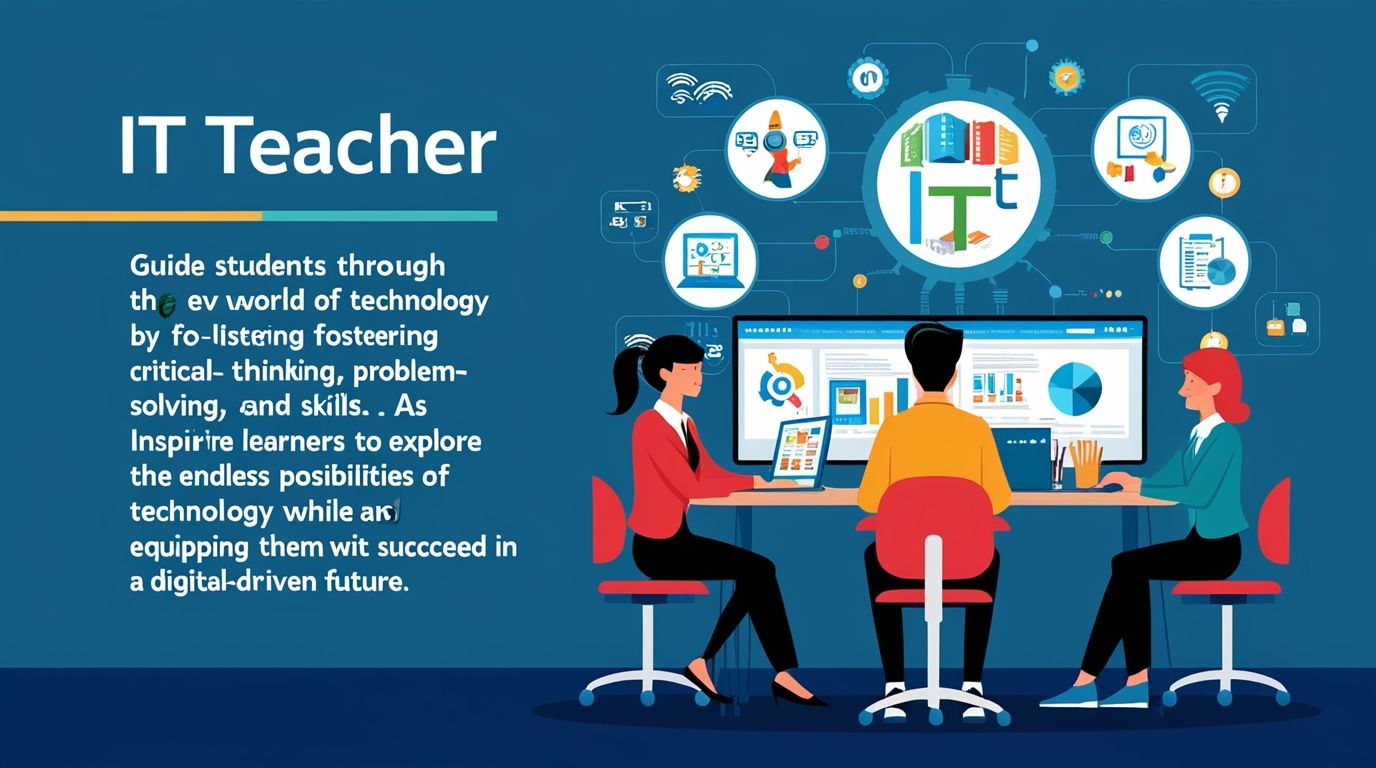 "Guide students through the evolving world of technology by fostering critical thinking, problem-solving, and hands-on skills. As an IT teacher, inspire learners to explore the endless possibilities of technology while equipping them with the tools to succeed in a digital-driven future."