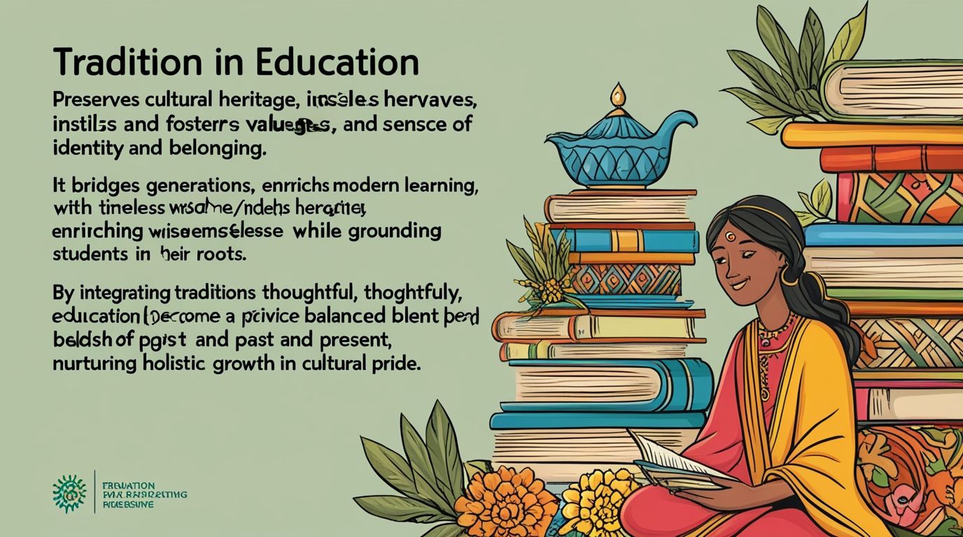 Tradition in education preserves cultural heritage, instills values, and fosters a sense of identity and belonging. It bridges generations, enriching modern learning with timeless wisdom while grounding students in their roots. By integrating traditions thoughtfully, education becomes a balanced blend of past and present, nurturing holistic growth and cultural pride.